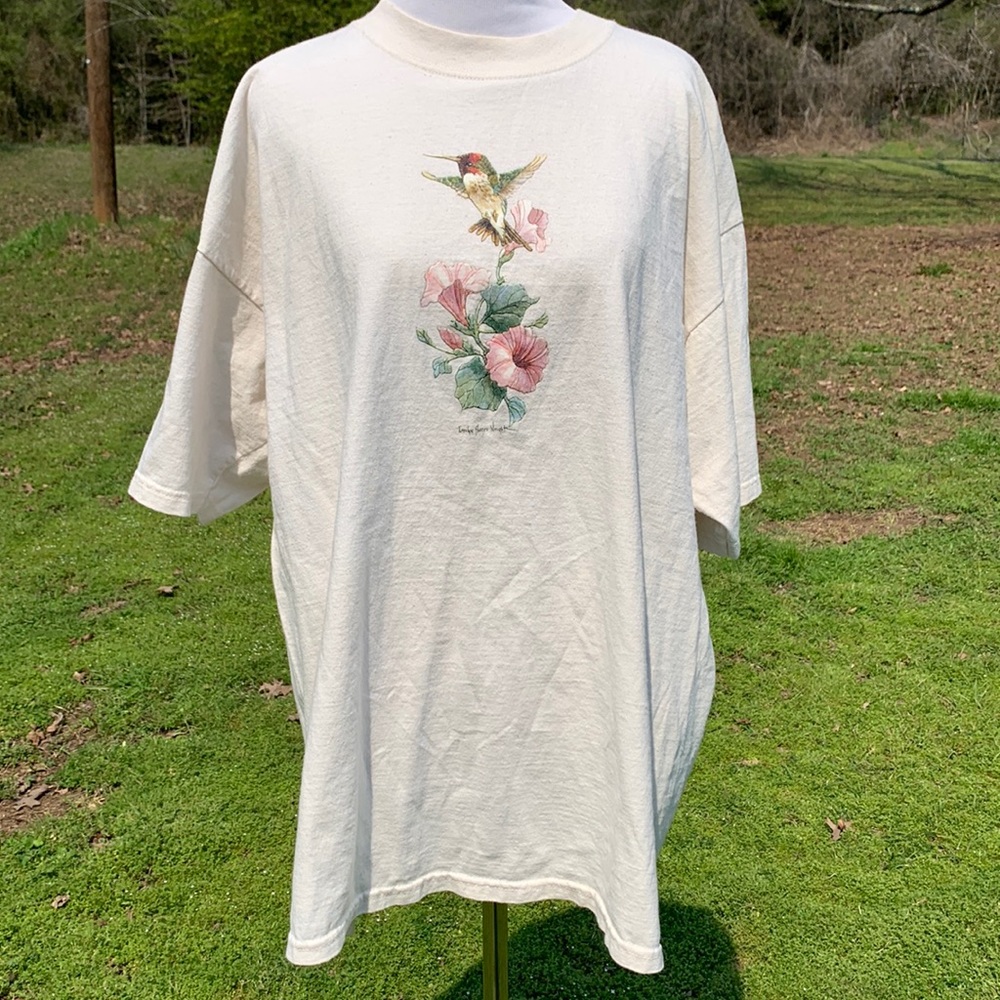 Vintage Caroline Shores Wright Hummingbird Floral Art Graphic Tee XL /Oversized!